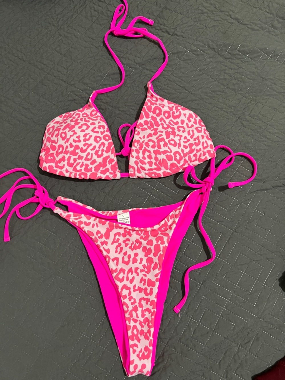 Hot Pink Leopard Print String Bikini Top & Bottom